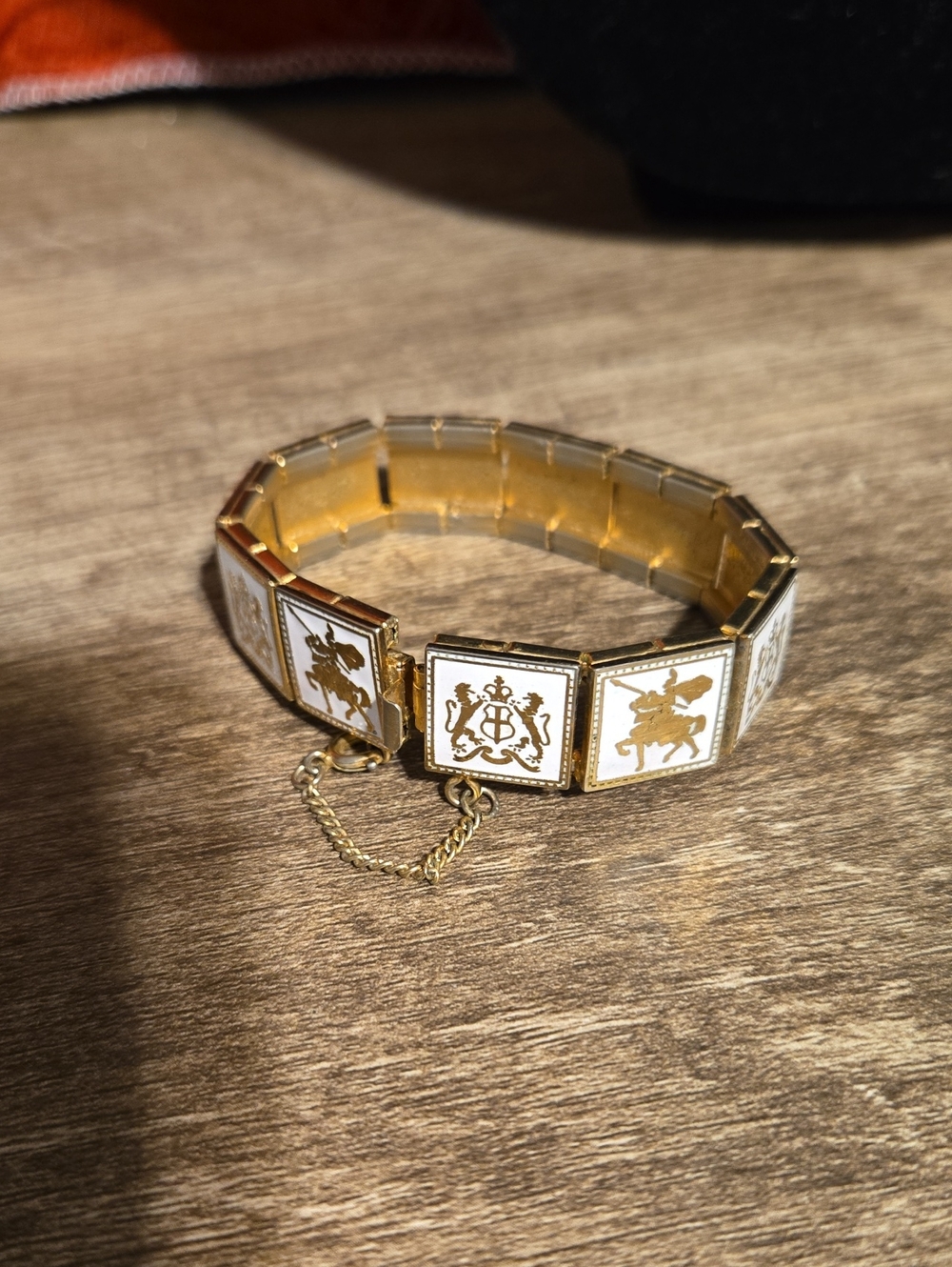 Vintage Mid Century White Enamel Heraldic Chess Panel Link Bracelet 7"